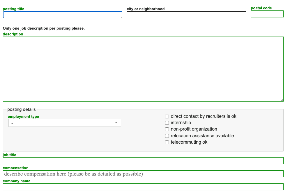 Snippet of Craigslist posting process where user can enter information like post title, city, description, and employment type.